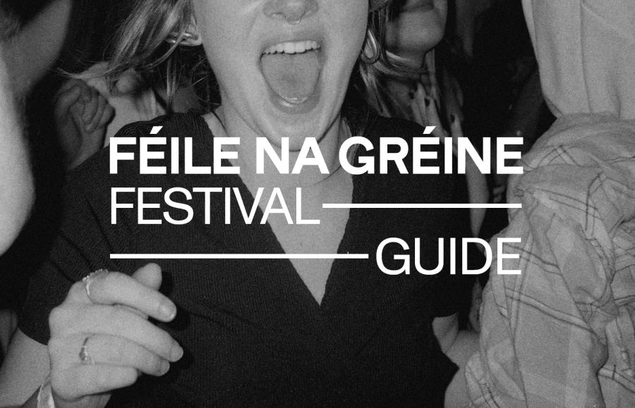 An image of a crowd dancing and person laughing to camera, overlayed text saying Féile Na Gréine Festival Guide
