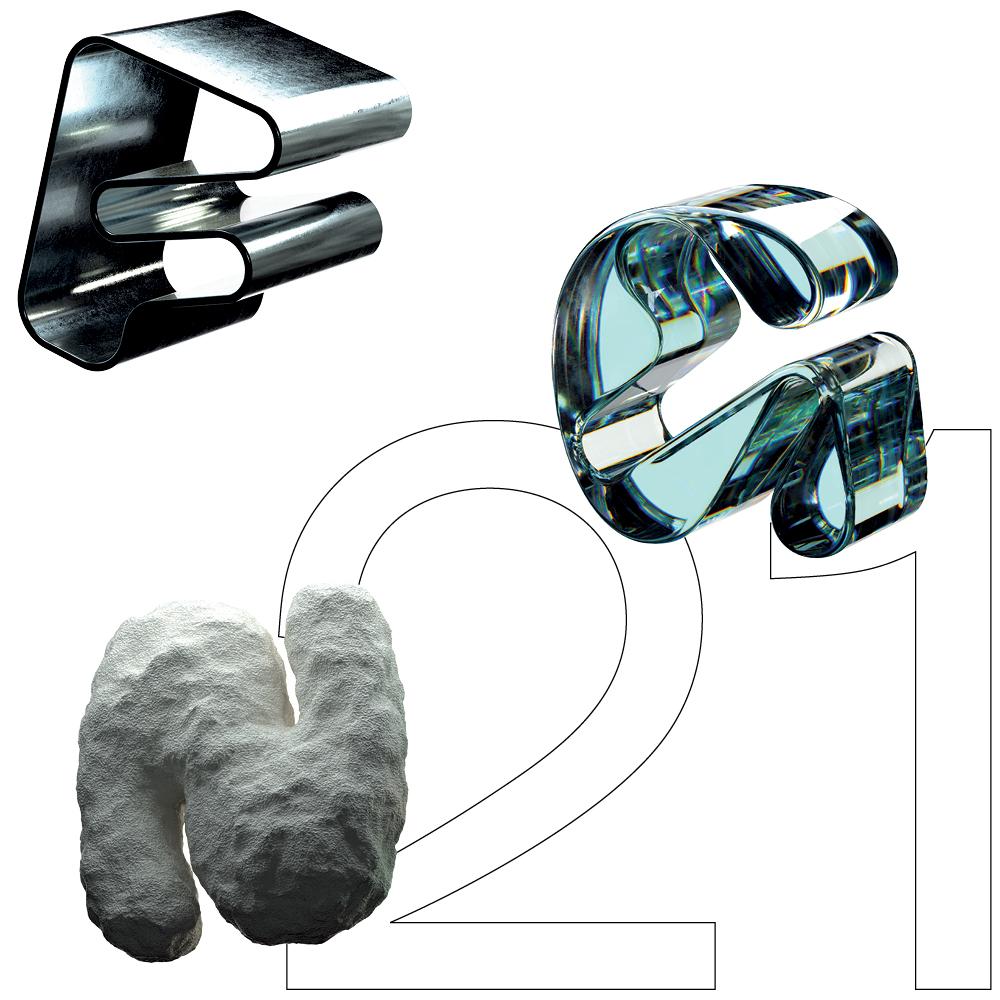 3D renders of the letters F N G with metallic, glass and stone textures. In the background is an outlined 21
