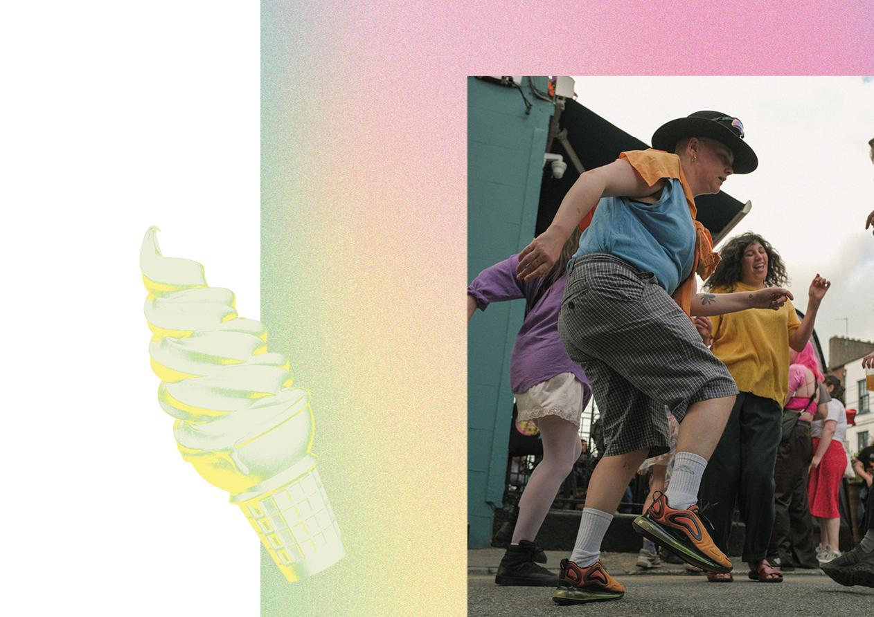 A photo of a group of people dancing on the street during the day. In front of the image is a 3D render of a holographic ice-cream cone
