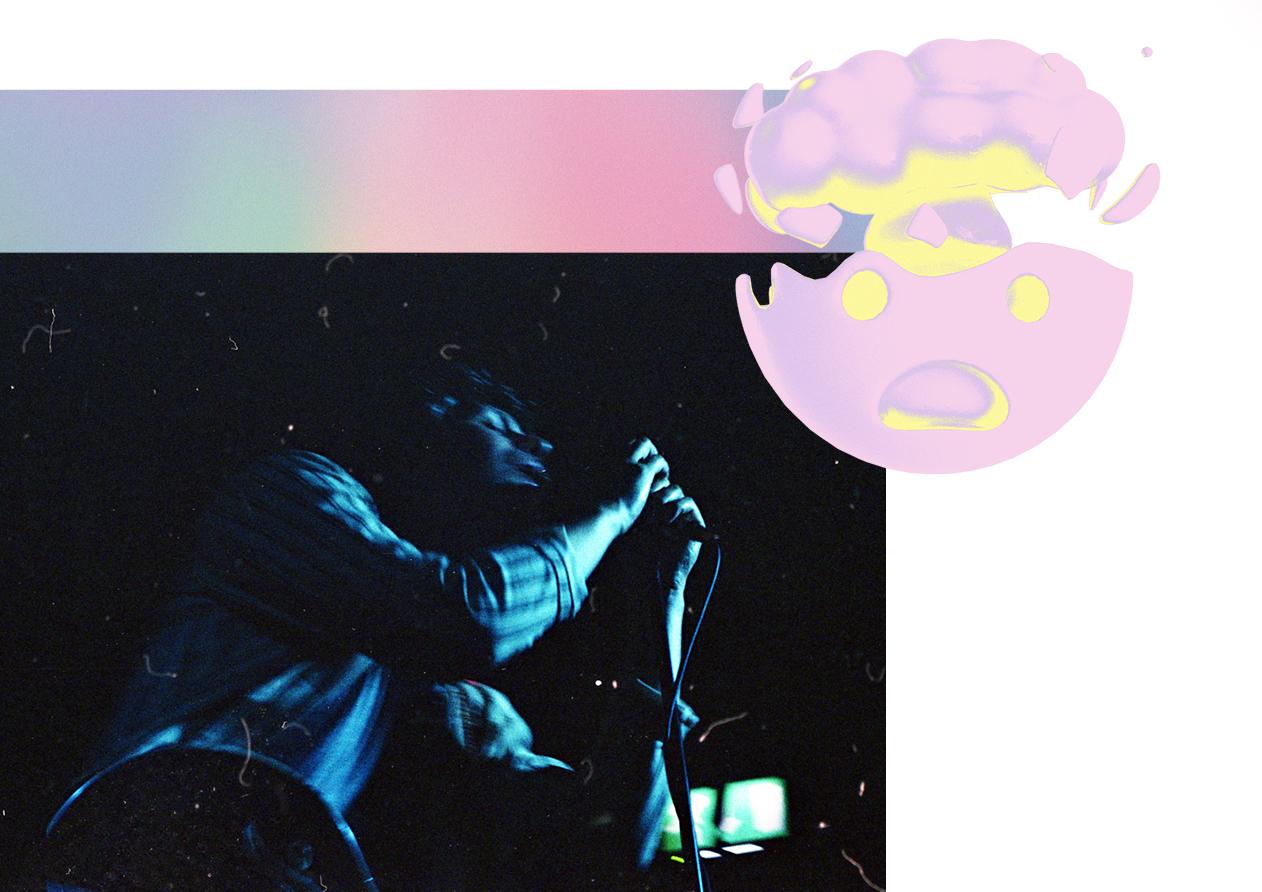Blurry image of the band The Altered Hours, awash in blue stage lighting. In front of the image is a 3D image of a holographic "Head-Exploding" emoji
