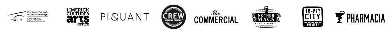 List of sponsor logos: Limerick City Council, Limerick Arts Office, Piquant, Crew Brewery, The Commercial, Mother Macs, Treaty City Brewery, Pharmacia