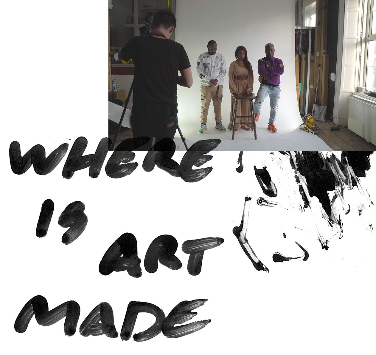 Photo of hip-hop crew Narolane, alongside handmade lettering with the message "Where is art made?"