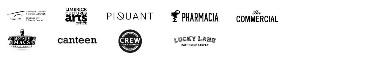 Sponsor logos: Limerick City Council, Limerick Arts Office, Piquant, Pharmacia, The Commercial, Mother Macs, Canteen, Crew Brewery, Lucky Lane
