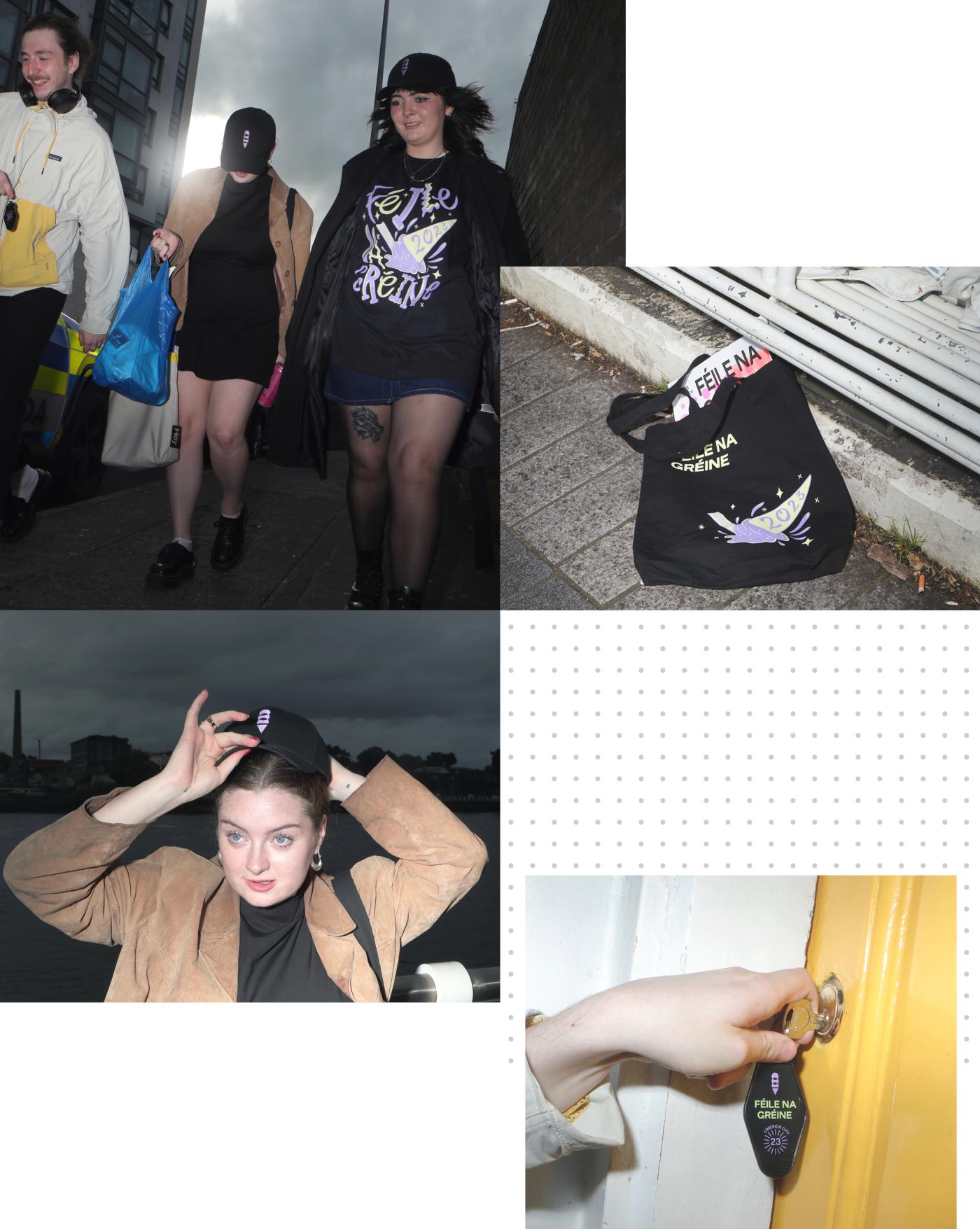 A collage of images of people wearing festival merchandise, including a t-shirt with the words Féile Na Gréine, a black tote bag with an illustrated ice-cream cone, a black hat with an embroidered ice-cream cone, and a keychain with the words Féile Na Gréine and an illustrated ice-cream cone