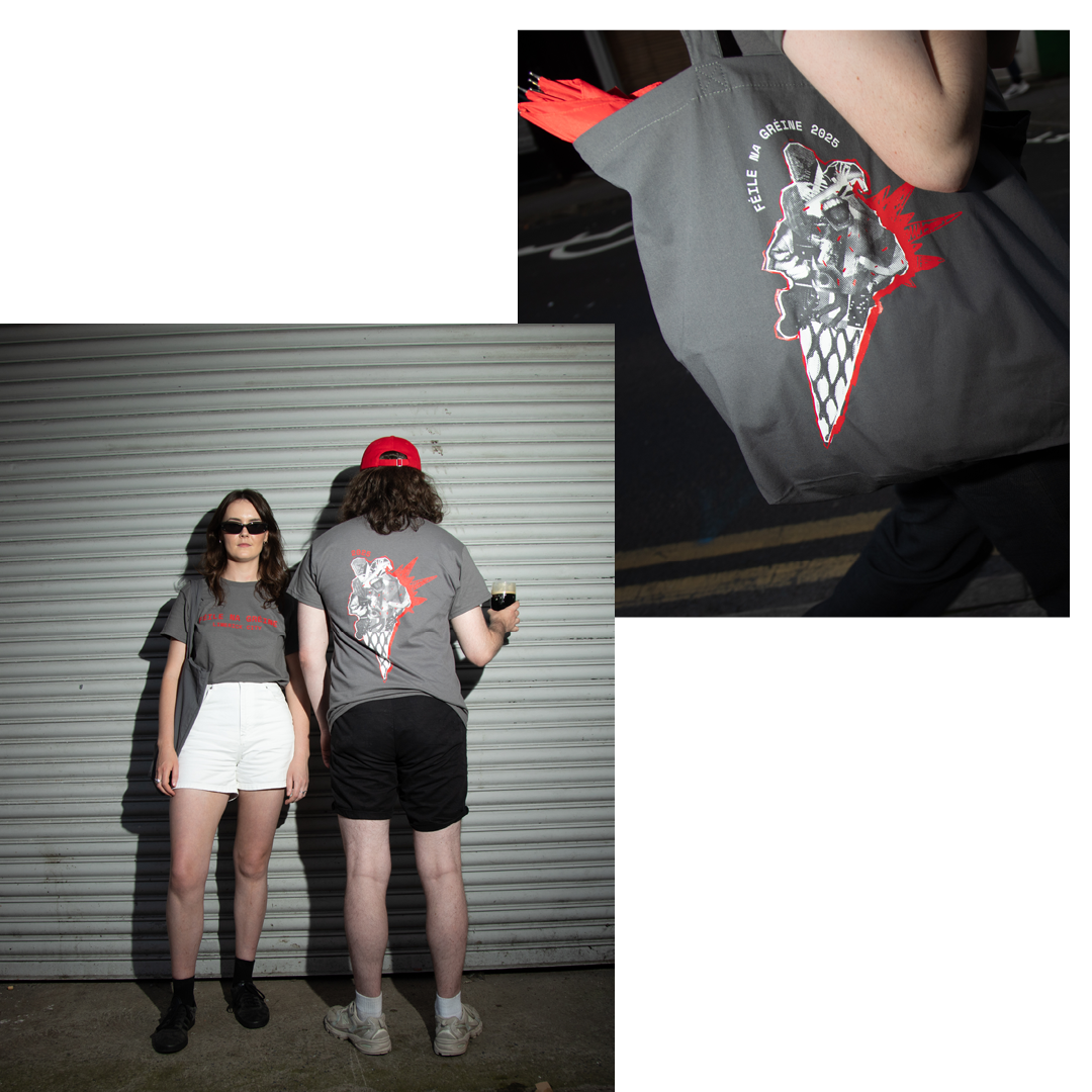 Two images of a branded tote bag and t-shirt